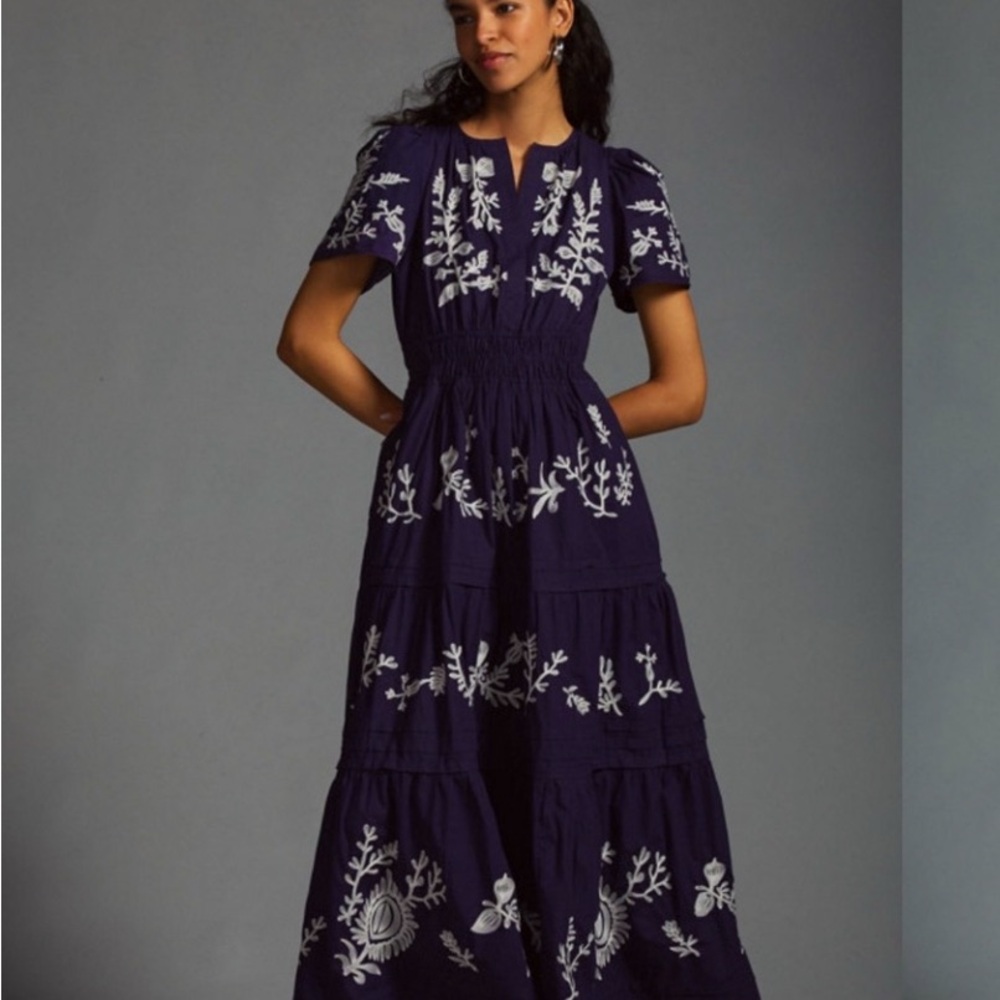 Anthropology Somerset Embroidered Navy Blue Maxi Dress